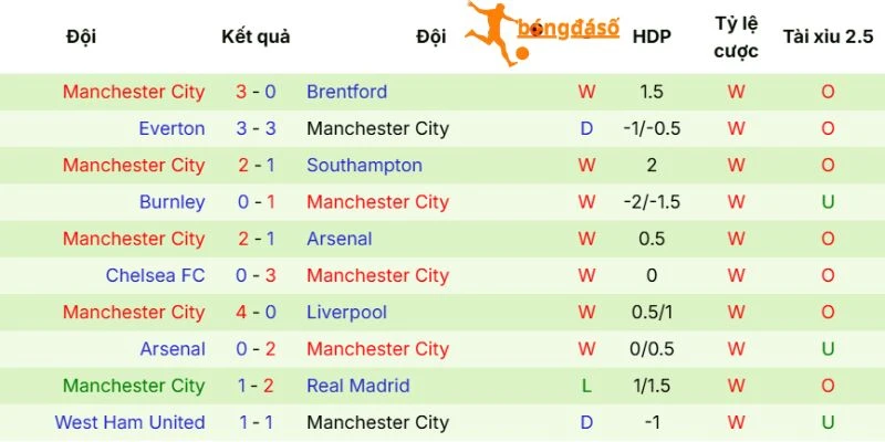 Hiệu suất thi đấu của Manchester City